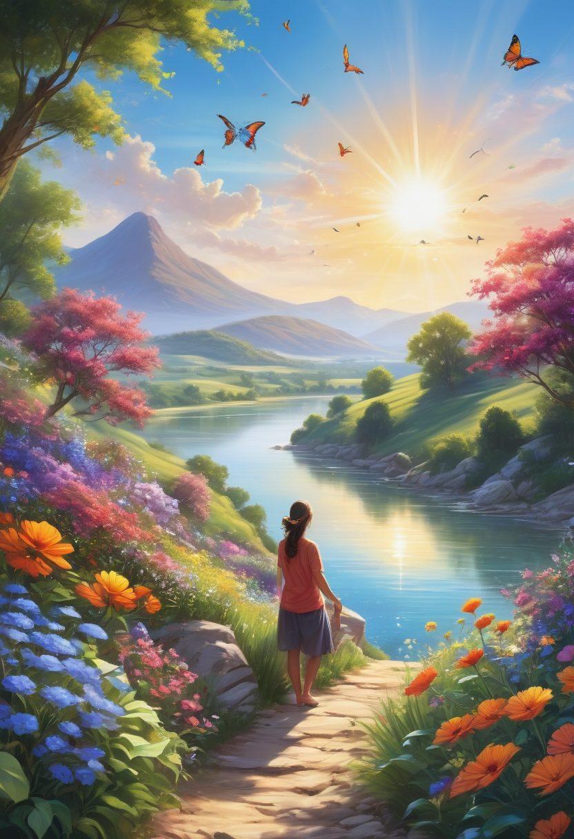 A serene landscape filled with colorful flowers and lush greenery, depicting a person joyfully embracing the sun, symbolizing happiness and vitality. In the background, gentle hills with a sparkling river flowing through, and birds soaring in a bright blue sky. Elements of mindfulness and positivity such as butterflies and inspiring quotes subtly integrated into the scene. vibrant colors. super-realistic.