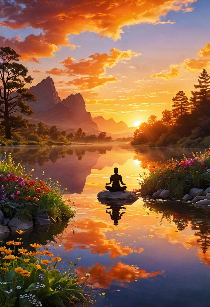 A serene landscape transitioning from a calm, blissful sunrise to a vibrant, joyful sunset, symbolizing the journey from happiness to elation. Include elements like blooming flowers, a flowing river, and a silhouette of a person meditating, radiating golden light. The sky should be a gradient of warm colors reflecting transformation. super-realistic. vibrant colors. peaceful atmosphere.
