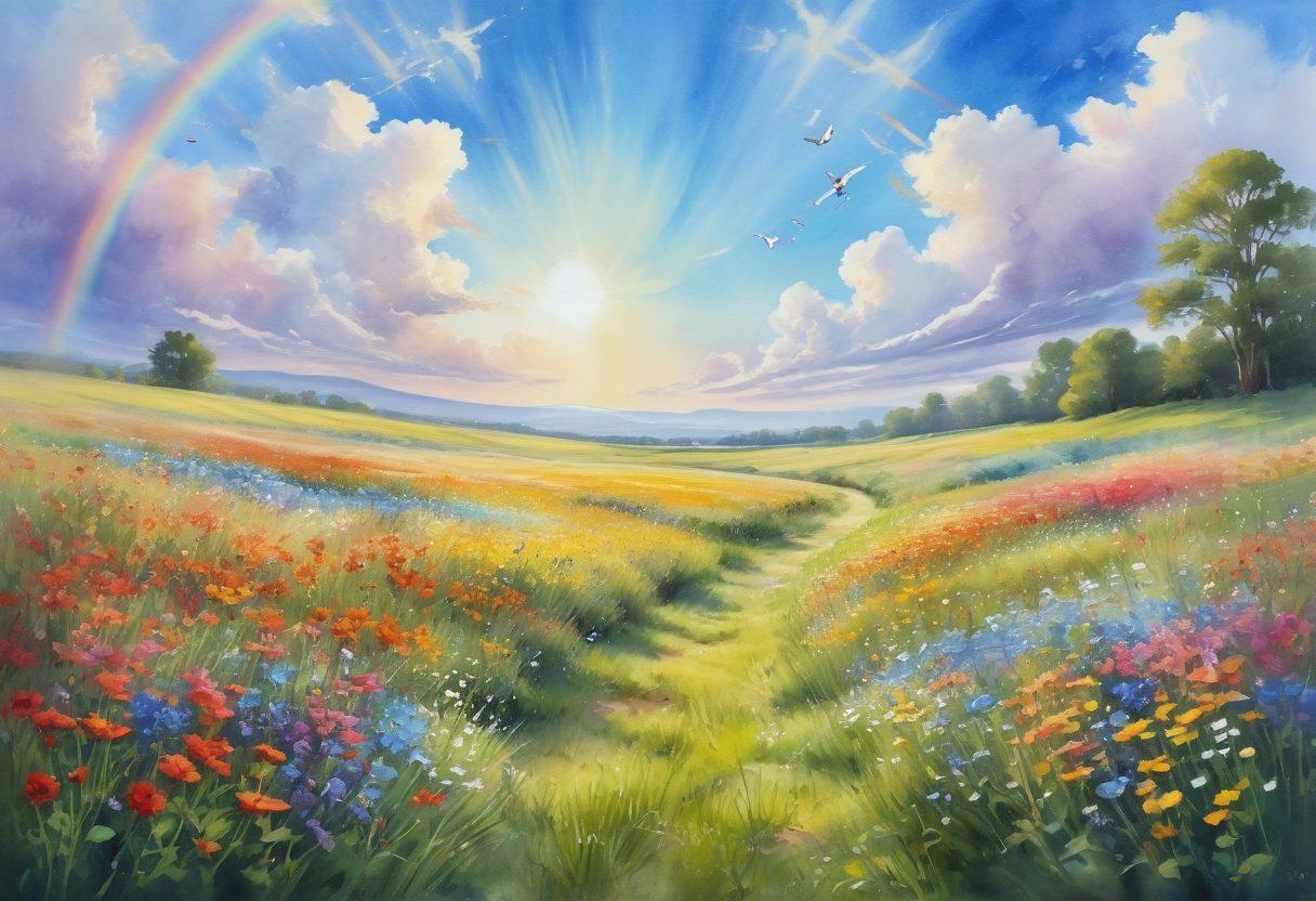A serene landscape featuring a sunlit meadow filled with vibrant wildflowers, where people are joyfully sharing moments of laughter and gratitude. In the background, a clear blue sky with fluffy clouds creates an uplifting atmosphere. Symbols of positivity, like butterflies and rainbows, subtly accentuate the scene, conveying a sense of optimism and joy. watercolor painting. bright colors. light and airy feel.